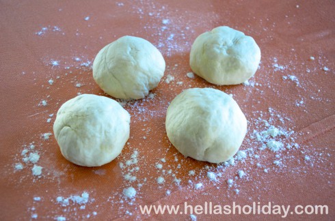The filo pastry dough divided into four balls