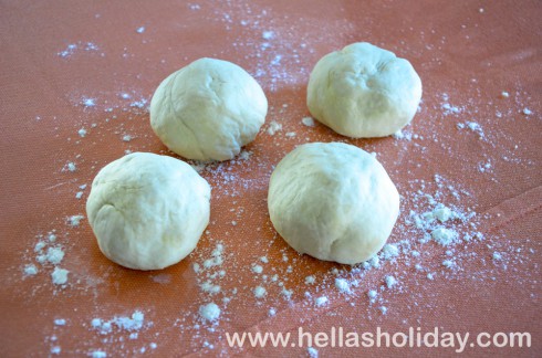 The filo pastry dough divided into four balls