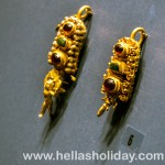 Golden and gemmed earrings found at the Antikythera Shipwreck