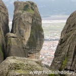 The town of Kalambaka as seen through Meteora giant rocks, close view